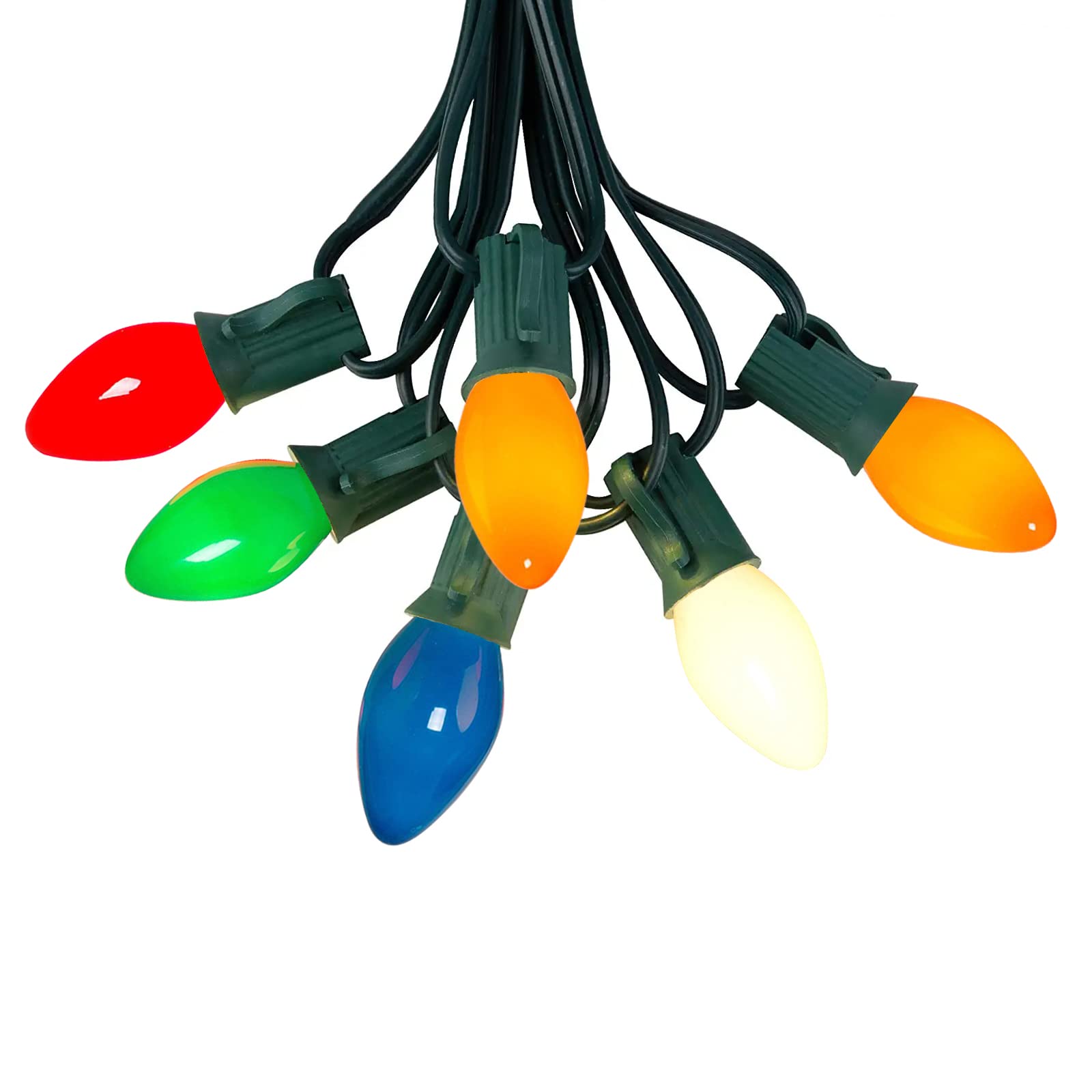Konictom Opaque Multicolor C7 Christmas Lights - 25ft Green Wire Outdoor String Lights for Room, Garden, Patio, Backyard, Cafe & Party Decorations (25 Bulbs) - Perfect for Holiday Decor, Christmas Tree Lighting & Festive Ambiance