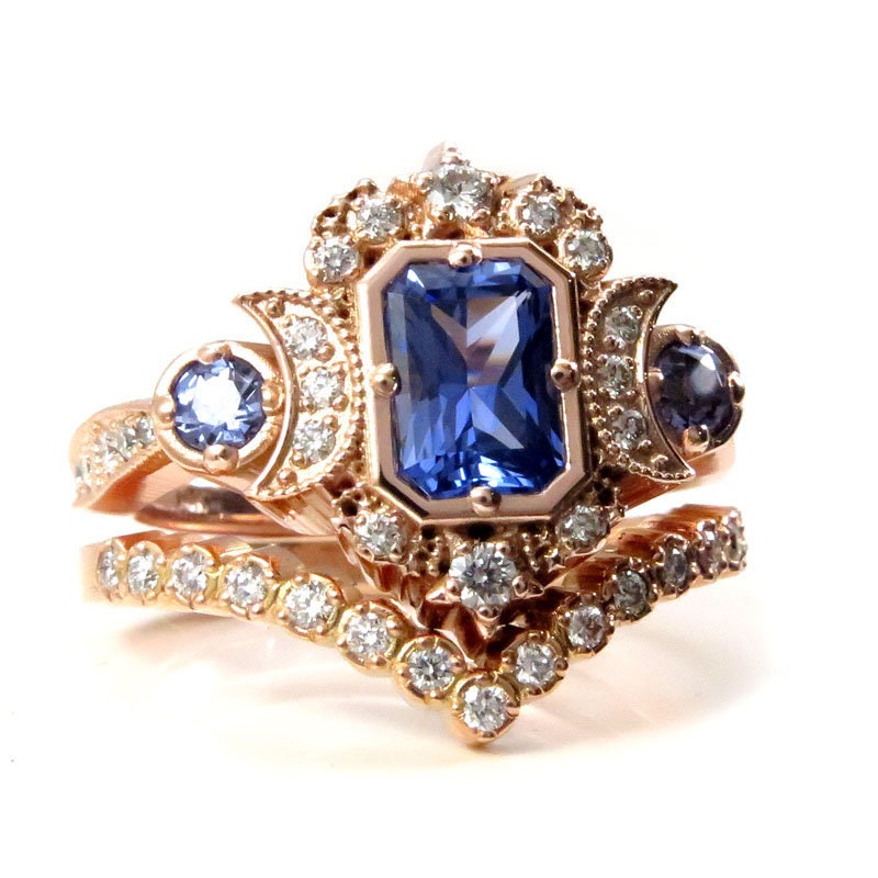 Chatham Sapphire Selene Celestial Engagement Ring Set - 14k Rose Gold with Diamonds & Emerald Cut Blue Sapphires - Perfect for Proposals, Anniversaries & Romantic Gifts