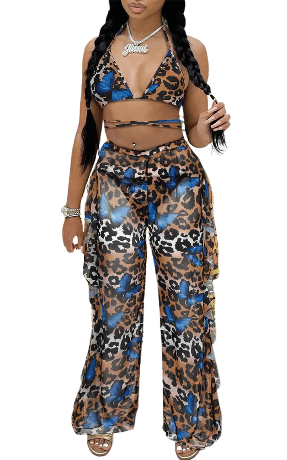 Sexy Women's Bikini Set - Ruffle Beach Jumpsuit with See Through Mesh & Tie Dye Design | Perfect for Pool Party, Summer Vacation & Tropical Getaway