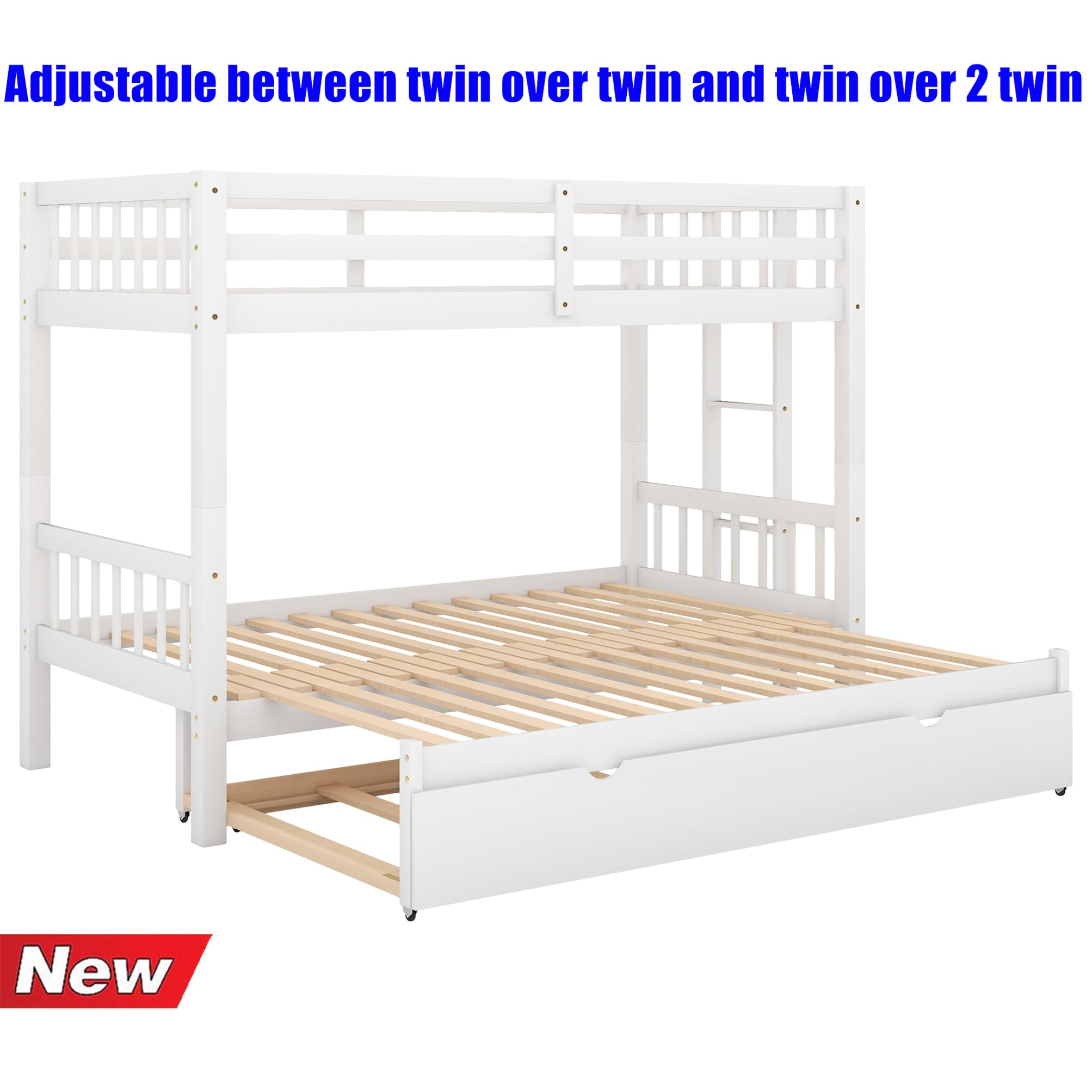Sturdy Reinforced Wooden Twin Over Twin Bunk Bed with Trundle - Extendable to Twin Over 2 Twin Size - Thickened Solid Wood Construction - Pull-Out Design (White) - Perfect for Kids' Rooms, Guest Rooms & Space-Saving Solutions