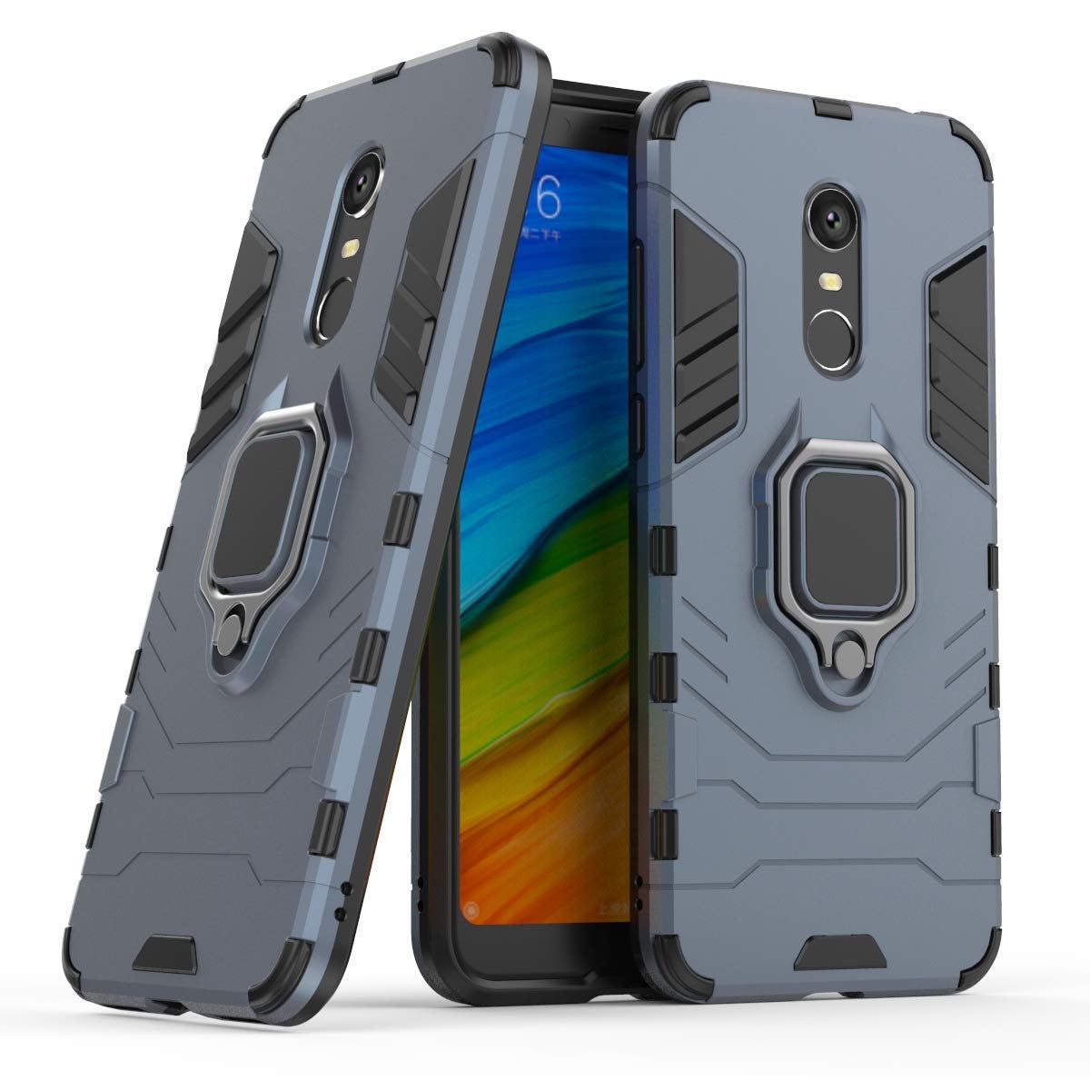 **LuluMain Shockproof Hard Bumper Case for Xiaomi Redmi 5 Plus – Compatible with Magnetic Car Mount, Metal Ring Grip & Kickstand | Dual Layer Rugged Cover in Navy Blue – Perfect for Work, Travel & Outdoor Adventures**