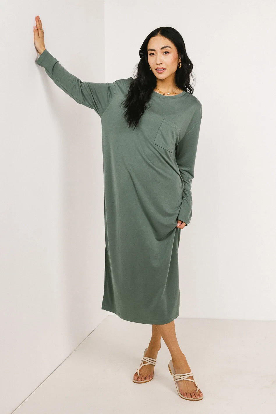 Women's Long Sleeve T-Shirt Dress in Sage Green - Soft Casual Loose Fit Tunic Dress for Fall & Winter | Perfect for Layering, Workwear, and Everyday Comfort