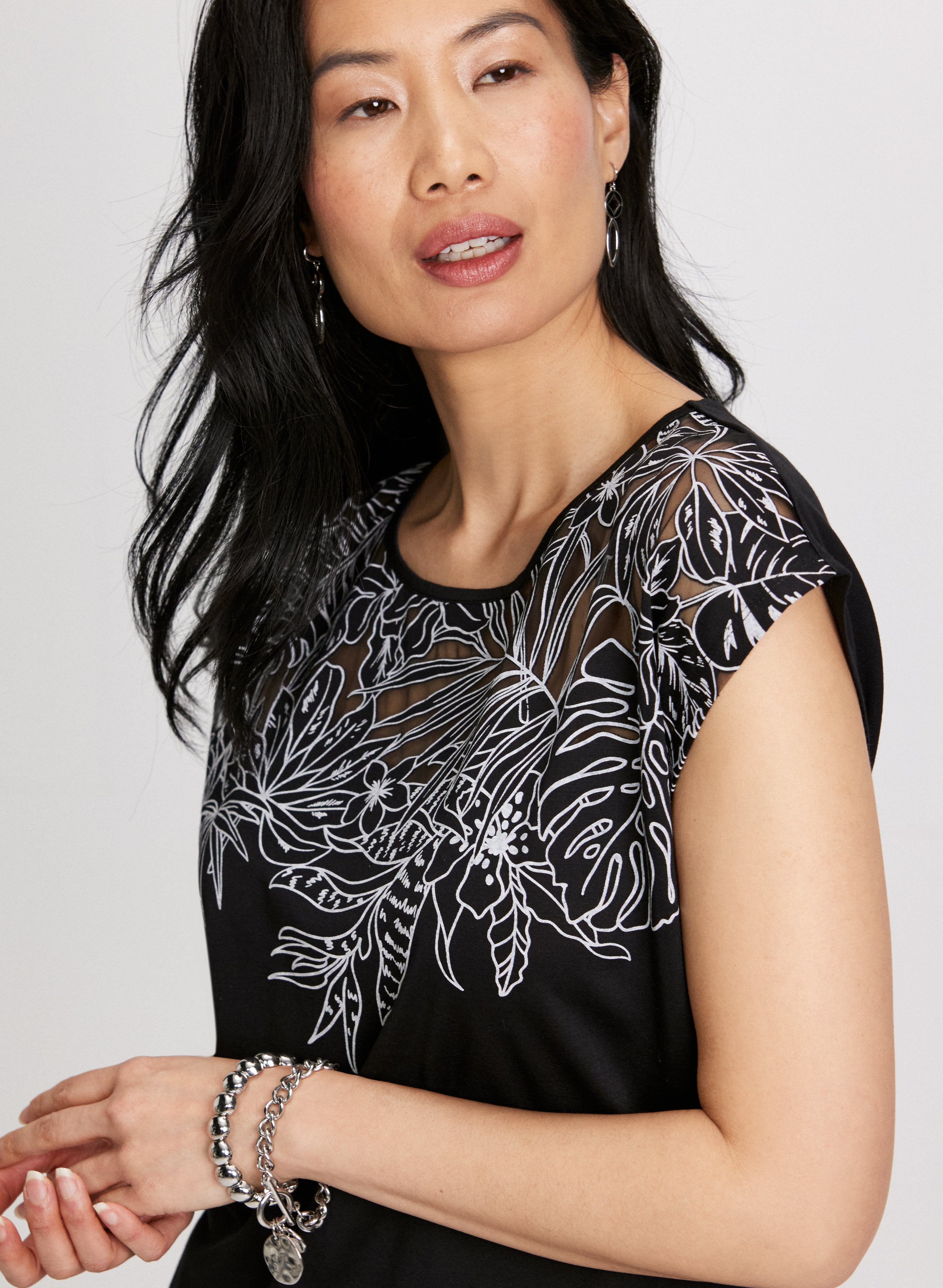 Floral Trim Burnout T-Shirt - Women's Fashion Casual Top for Summer Outfits & Boho Style | Perfect for Beach, Music Festivals & Everyday Wear