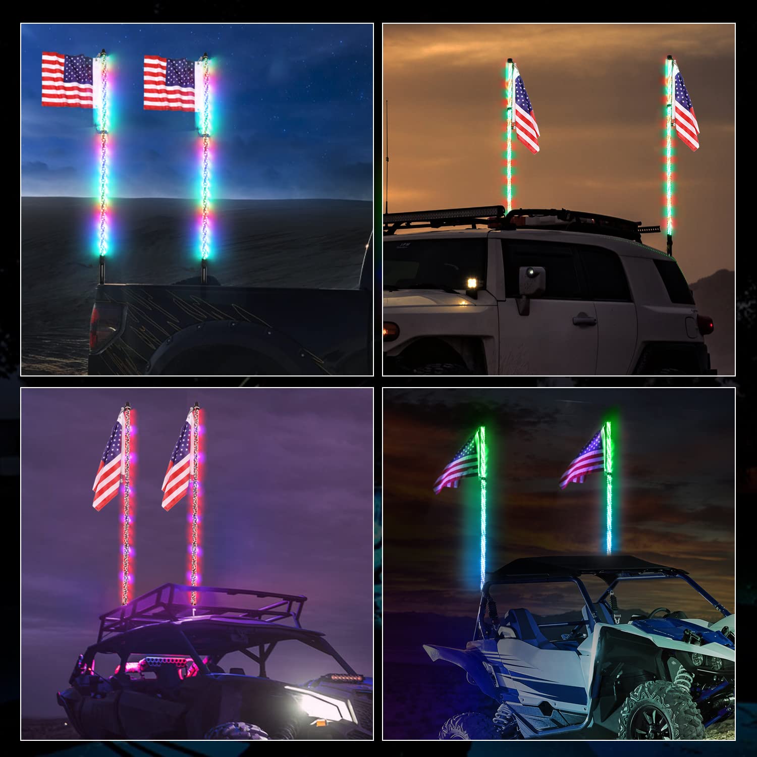 RGBW 4FT LED Whip Lights Pair - 2PCS 360° Spiral Lighted Whips with RF Remote Control for UTV, SXS, Polaris RZR, 4X4 Truck & Boat - Dancing/Chasing Light Effects for Off-Road, Night Rides & Outdoor Adventures