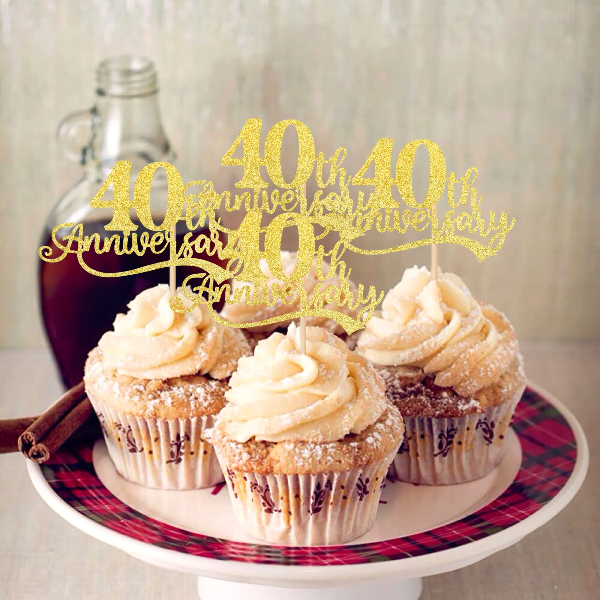 24 Pack Gold Glitter Cheers to 40 Years Cupcake Toppers - 40th Anniversary Wedding, Birthday & Retirement Party Cake Decorations - Perfect for Milestone Celebrations & Festive Dessert Displays