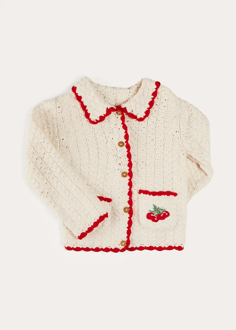 Beige Cherry Motif Crochet Cardigan for Girls (Ages 2-10) - Perfect for Spring Outfits, Easter Dresses & Photoshoots
