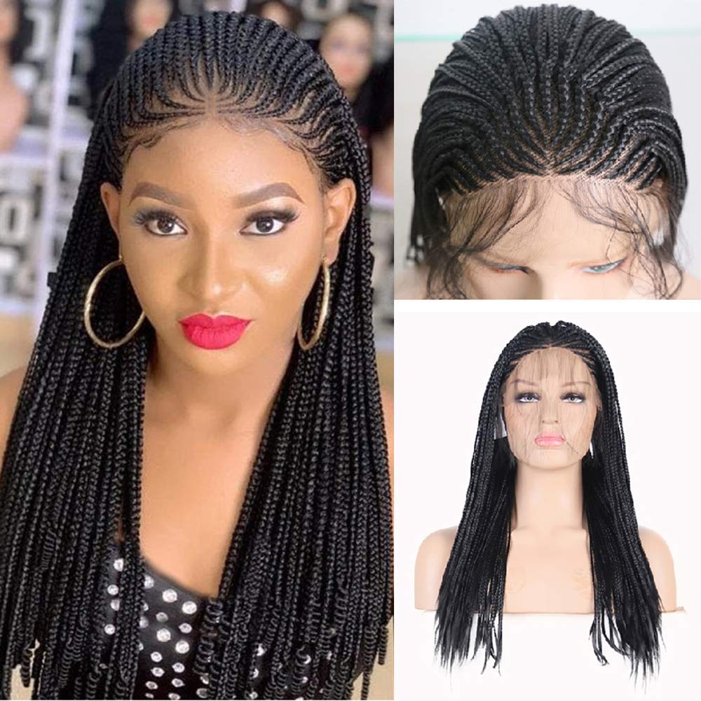 RONGDUOYI RDY 18 Inch Black Braided Lace Front Wig for Black Women - Natural Hairline Synthetic Pre-Plucked Glueless Braid Wig (180% Density, Style 2) - Perfect for Cosplay, Daily Wear & Protective Hairstyles