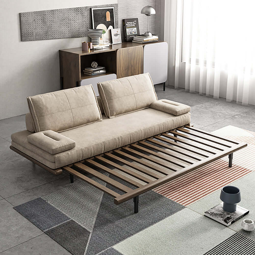 MidCentury Modern Pull Out Sofa Bed - Convertible Sleeper Sofa with Khaki Wood Frame in Cotton & Linen Fabric | Perfect for Small Spaces, Guest Rooms & Apartments