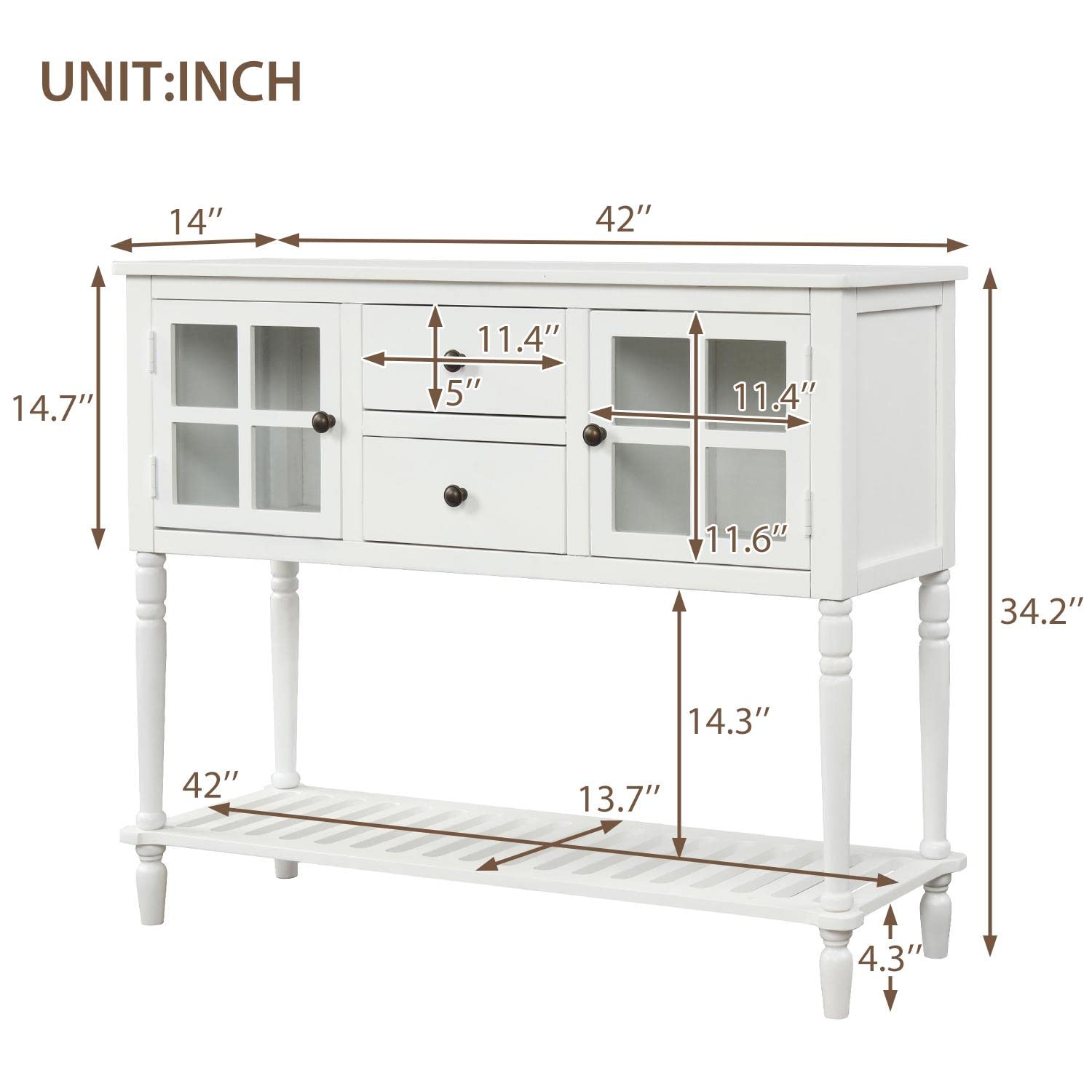 JINS&VICO Modern Sideboard Console Table with 2 Drawers & Bottom Shelf - Wood & Glass Storage Cabinet for Living Room, Entryway, or Dining Room - White
