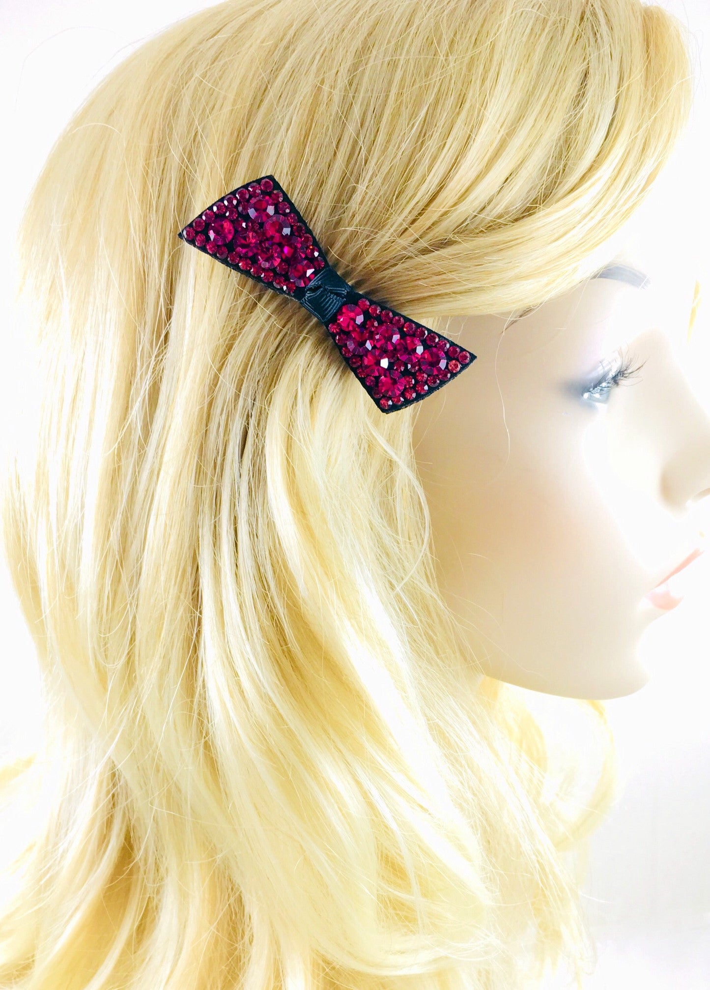 Elegant Urban Bow Knot Hair Clip with Swarovski Crystals - Acrylic Black Base in Magenta | Perfect for Weddings, Parties & Everyday Glamour