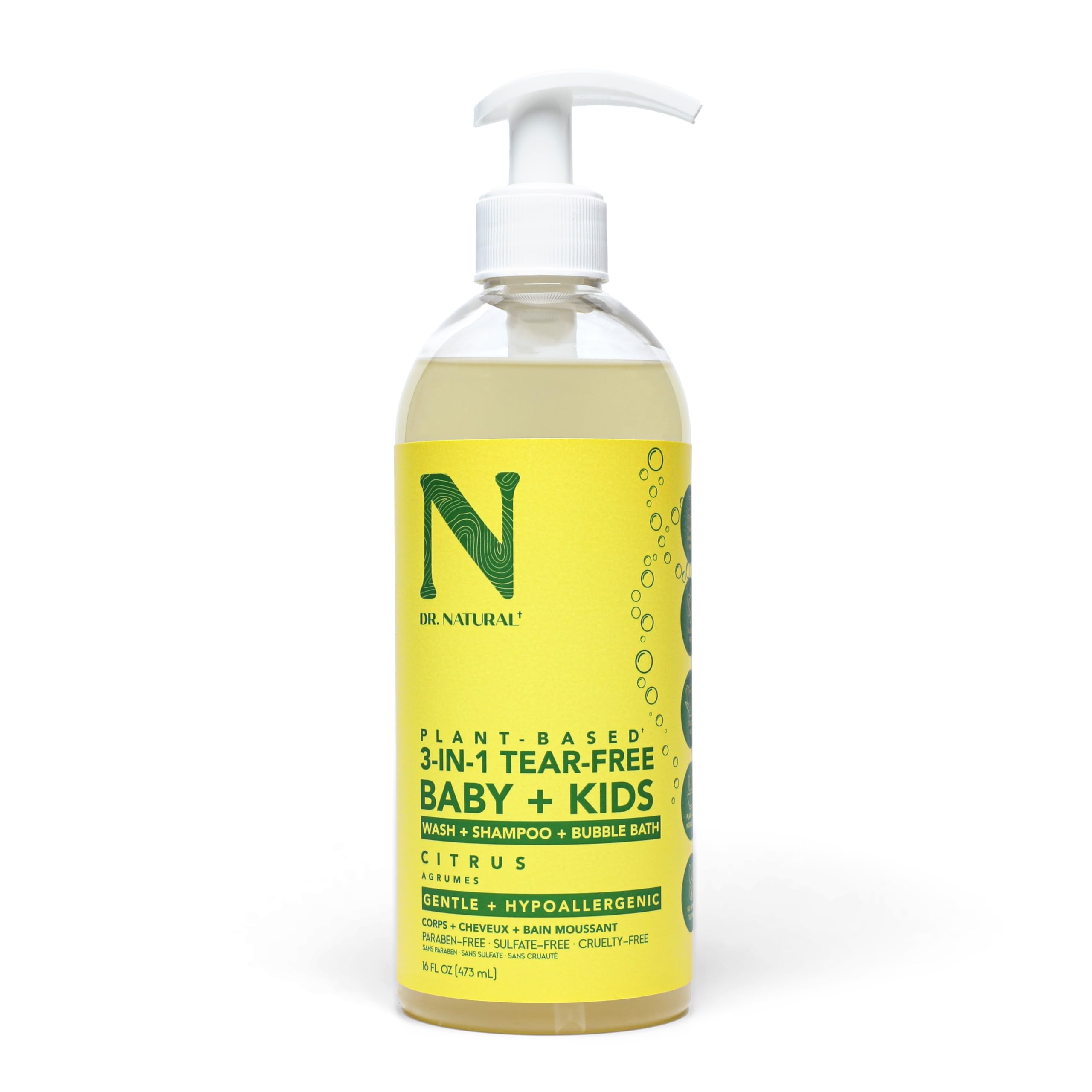 Dr. Natural 3-in-1 Tear-Free Baby & Kids Soap - Citrus Scented 16 oz | Plant-Based Baby Shampoo, Body Wash & Bubble Bath | Sulfate-Free, Paraben-Free, Hypoallergenic for Sensitive Skin | Infused with Essential Oils | Perfect for Newborns, Toddlers & Children's Daily Bath Time