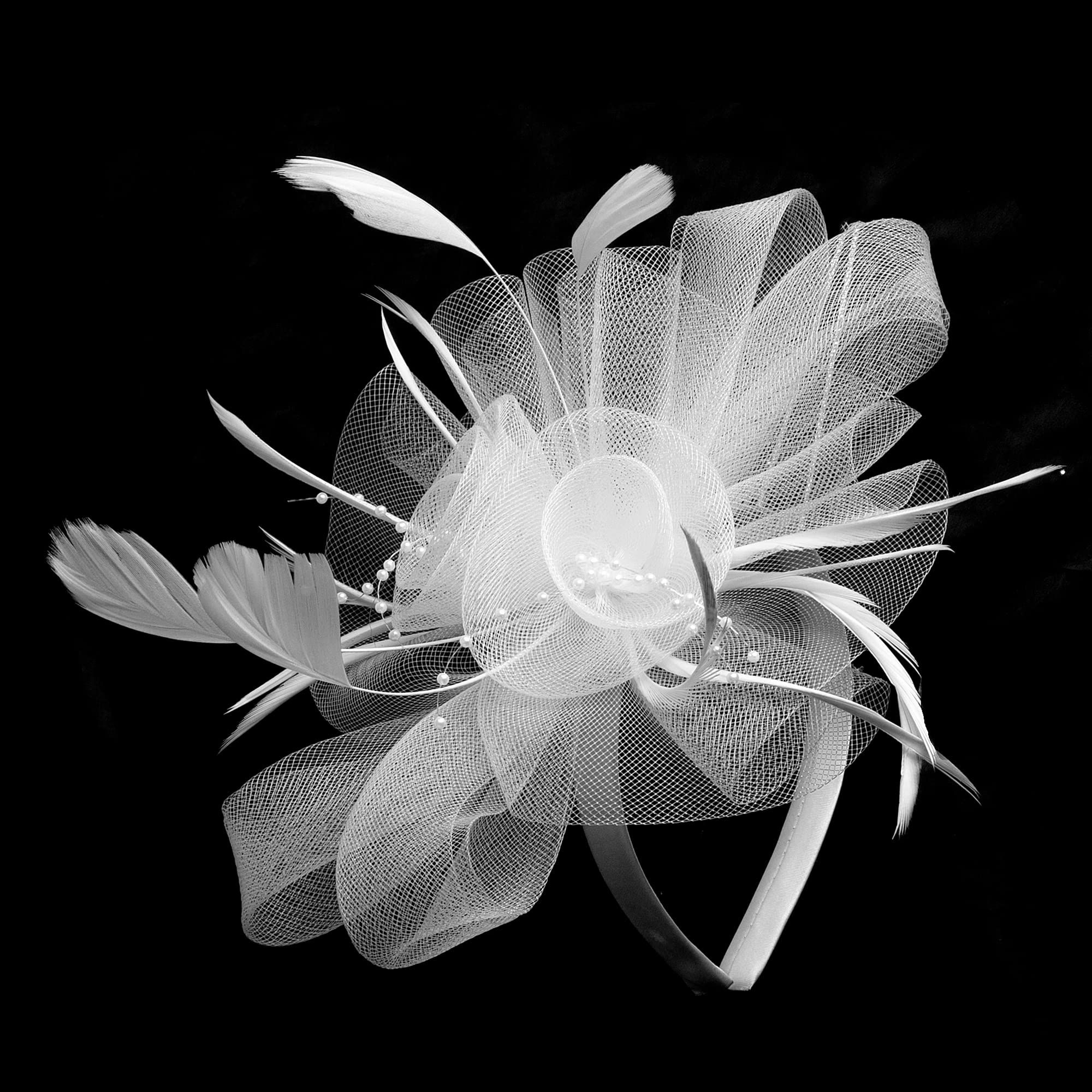 Myjoyday Women's Elegant Feather Fascinator Hat with Veil Headband & Hair Clip - Perfect for Tea Parties, Church Events, Cocktail Dinners, Weddings and Special Occasions