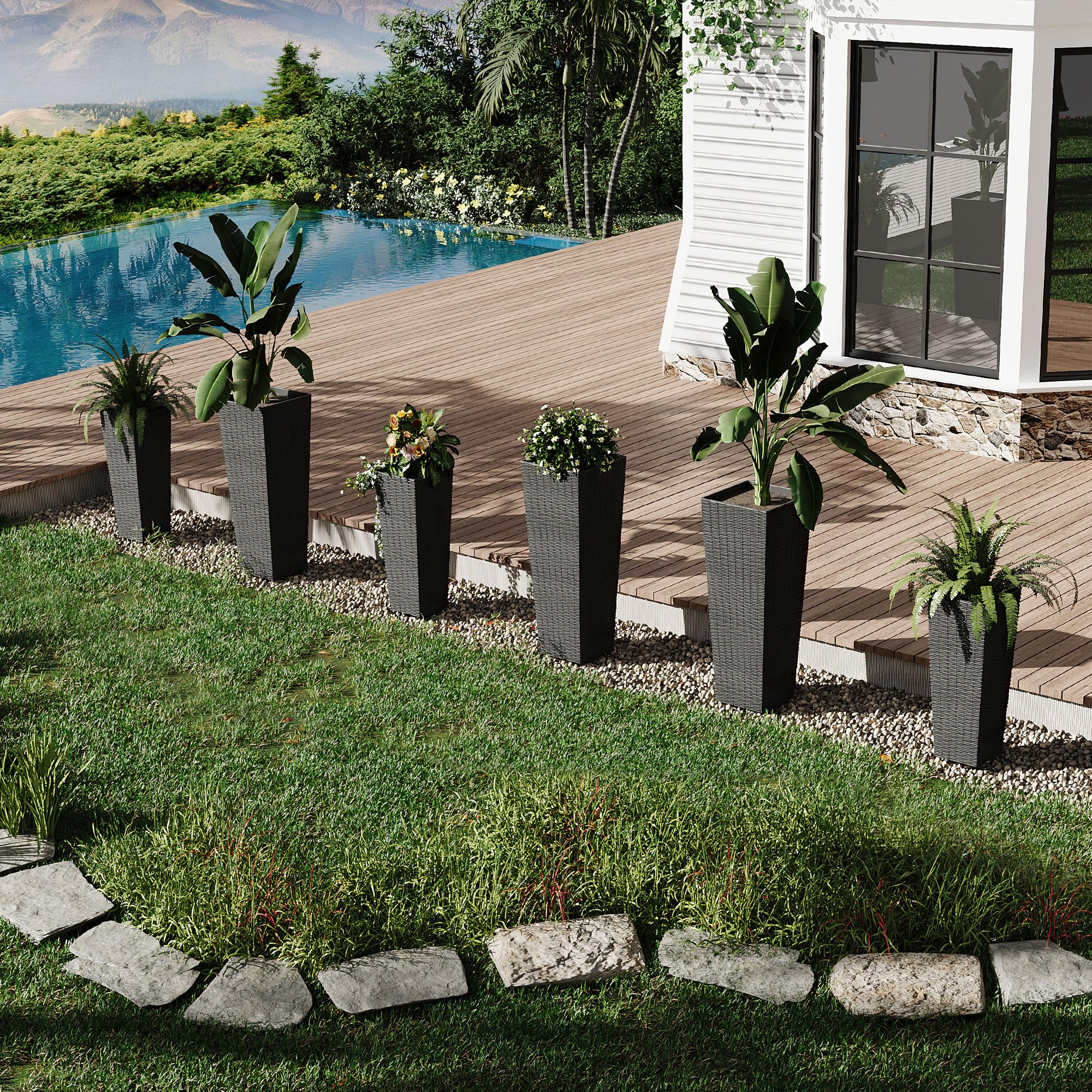 GARVEE 2 Pack Large Indoor Outdoor Planters with Drainage Holes - 24 & 32 Inch Tall Flower Pots for Trees, Plants - All Weather Durable Plant Pots with Removable Insert Bucket (Black) - Perfect for Patio, Garden, and Home Decor