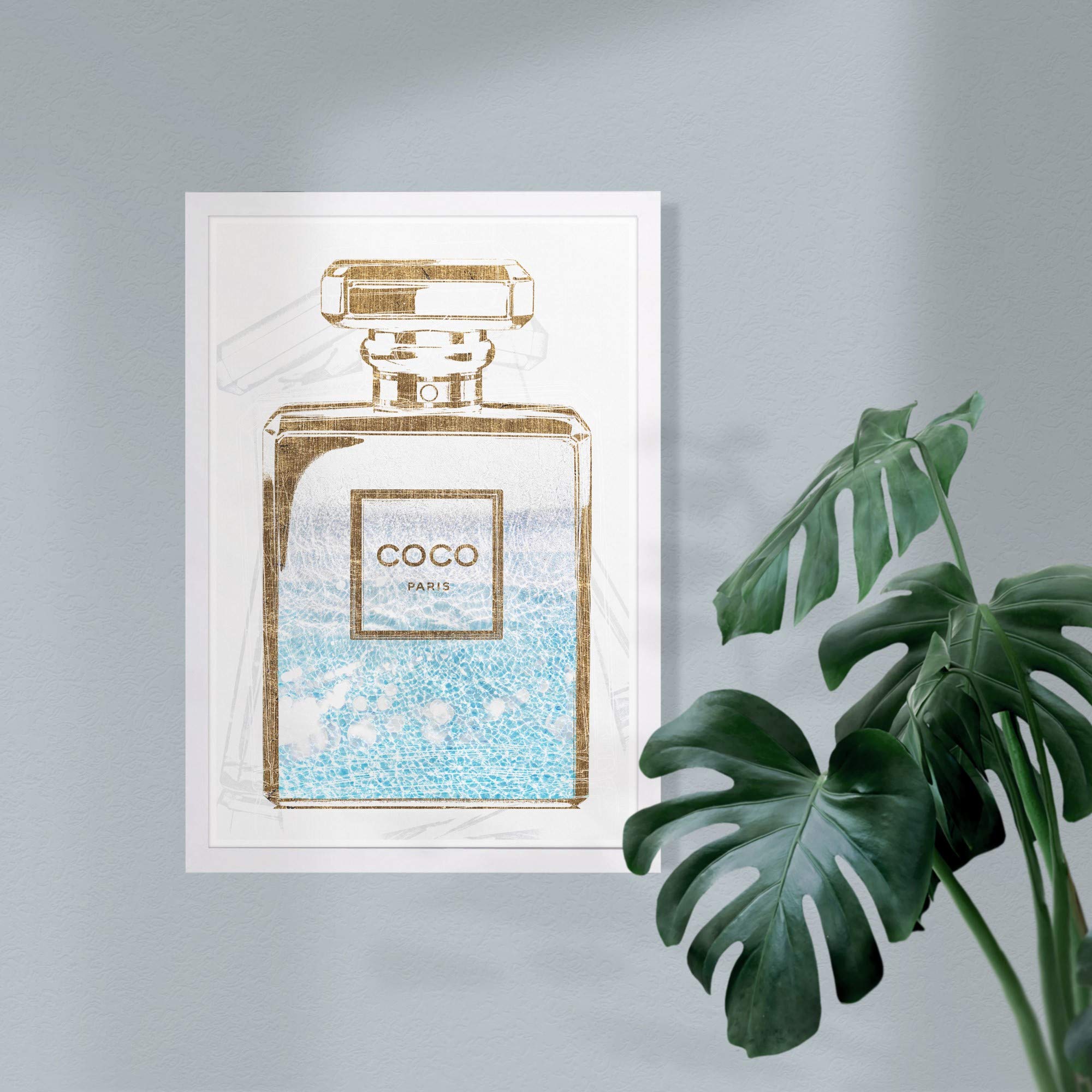 Wynwood Studio 'Perfume Water Love Light' Fashion Glam Wall Art Print - 13x19 Inches with White Frame - Modern Home Decor for Living Room, Bedroom & Office