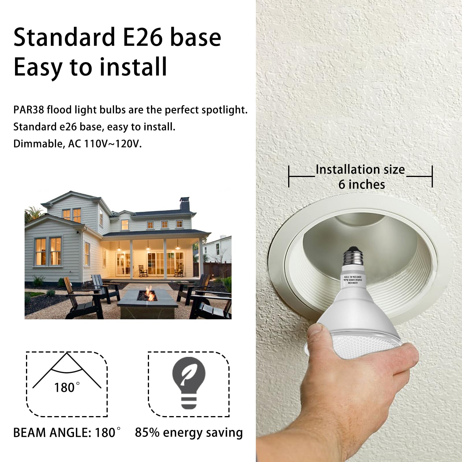 Par38 LED Flood Light Bulbs 6 Pack - Dimmable 5000K Daylight, 20W (Replaces 200W), 1800LM, E26 Base - Outdoor Lighting for Backyard, Garage, Porch & Garden - Perfect for Landscape, Pathway & Security Lighting