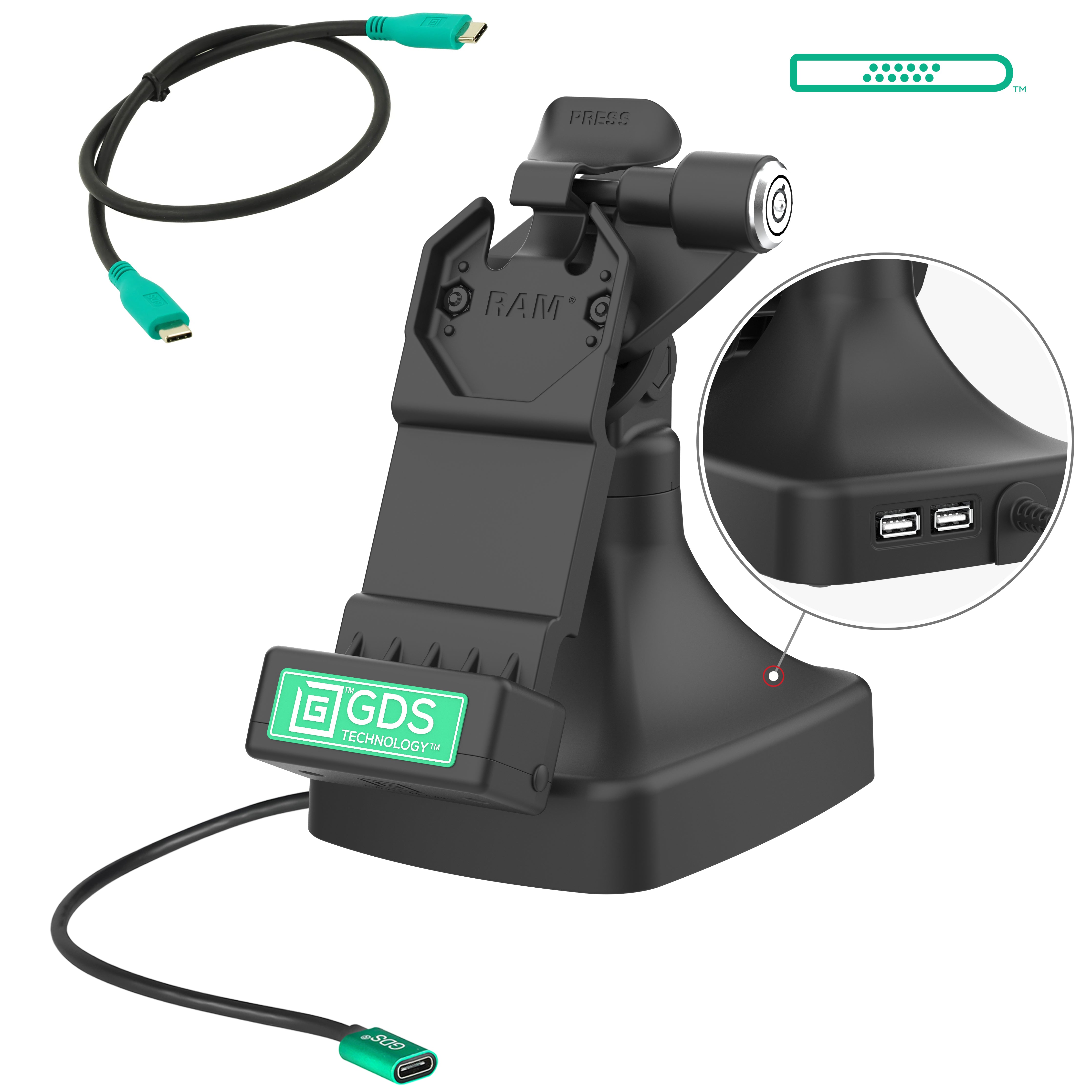GDS® Uni Conn™ Locking Tilt & Swivel Dock with USB C + Data Port for Laptop & Tablet | RAM GDS DOCKLR D14 U1C 2A | Perfect for Home Office & Remote Work Setup
