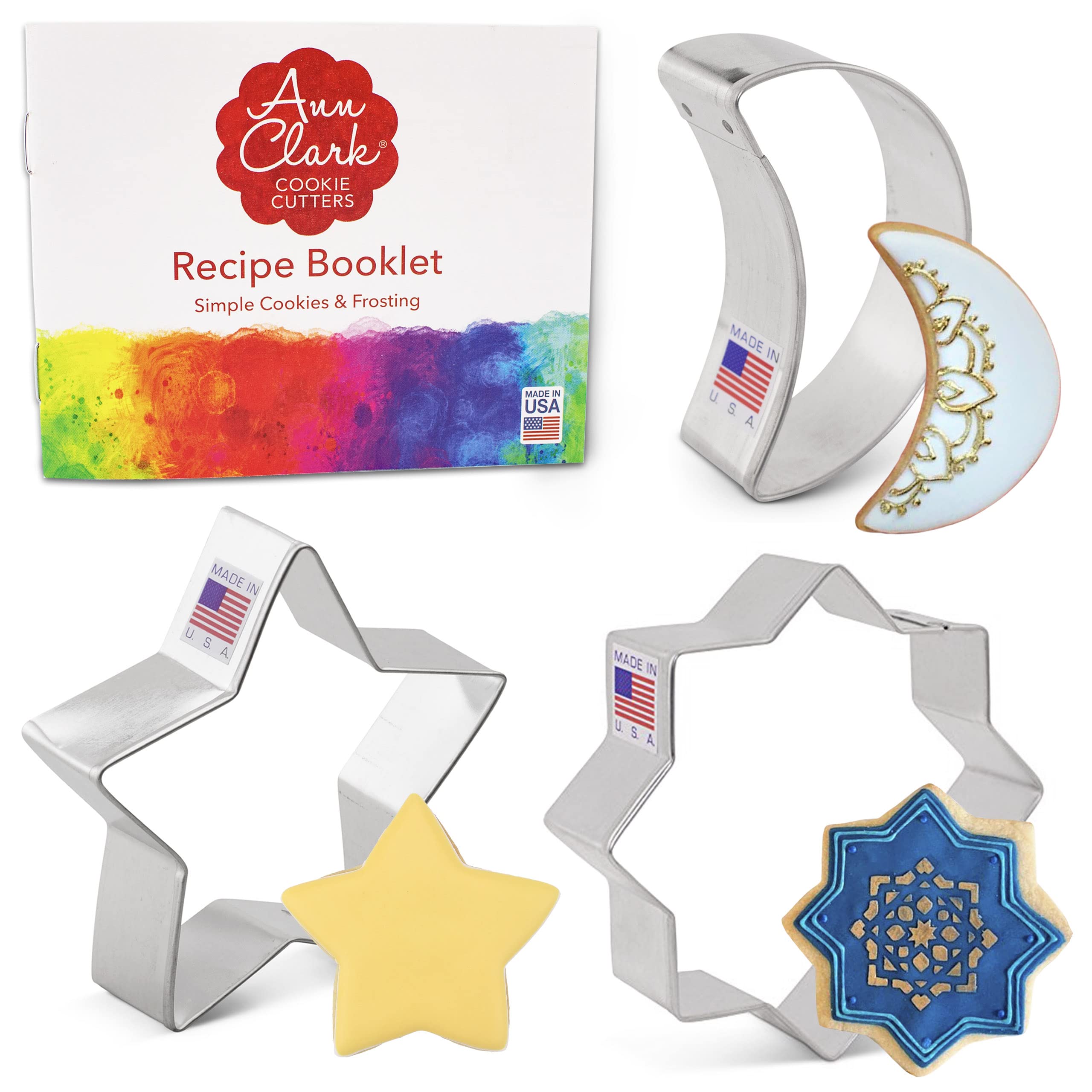 Ramadan Eid Mubarak Cookie Cutters Set - 3-Piece Islamic Star, Moon & Crescent Cookie Cutters - Made in USA by Ann Clark - Perfect for Ramadan Desserts, Eid Treats & Islamic Holiday Baking