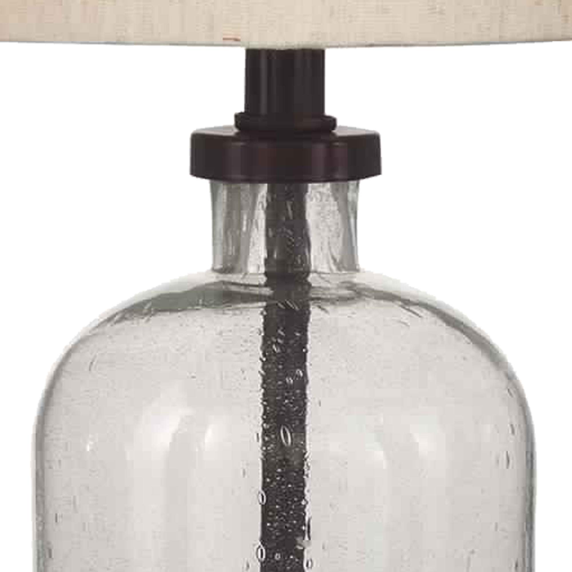 Benjara Cylindrical Seeded Glass Table Lamp with Fabric Drum Shade - Beige & Clear Glass Bedside Lamp for Living Room, Bedroom, or Office Decor