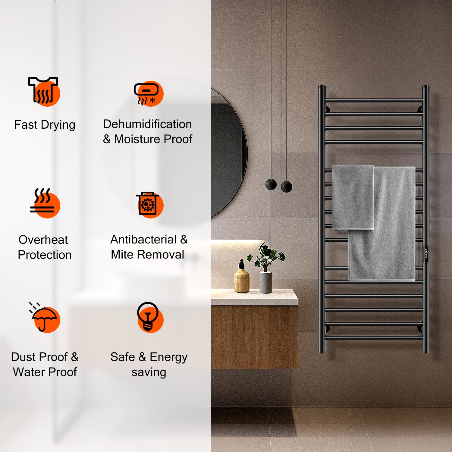 Premium 16-Bar Electric Towel Warmer & Heater Rack - Stainless Steel Wall-Mounted Bathroom Towel Dryer with Timer & Smart Temperature Control - Perfect for Spa, Luxury Bathrooms & Cold Weather Comfort (Black)