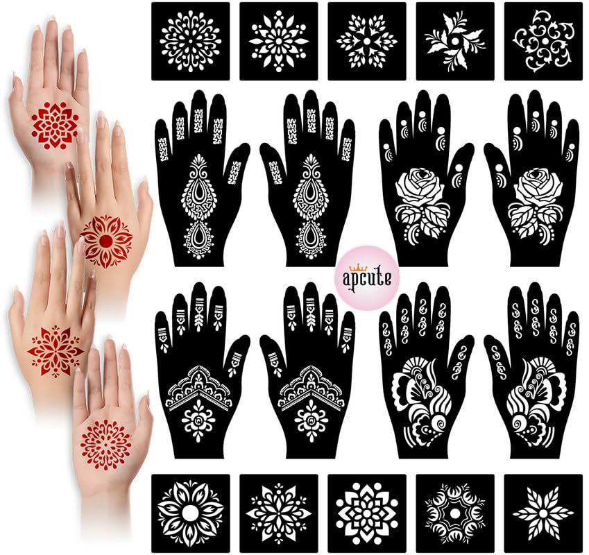 APcute 18-Piece Temporary Mehndi Tattoo Kit - Henna Stencil Set for Women, Girls & Kids - Easy 4-Step Application - Perfect for Weddings, Festivals & DIY Body Art