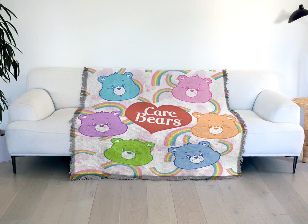 Care Bears Blanket 50x60 Inches - Soft Cotton Blend Woven Tapestry Throw with Fringed Edges - Cozy Bear Heads Design for Bed, Couch & Gift Giving