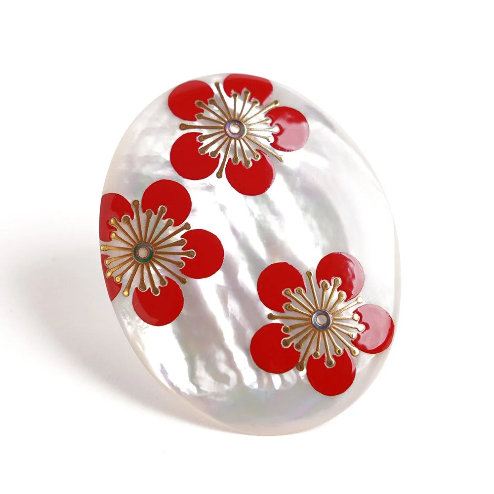Handmade Japanese Maki-e Urushi Lacquer Brooch with White South Sea Pearl Shell - Plum Blossom Design | Traditional Asian Jewelry for Women, Bridal Accessories, Kimono Decoration & Special Occasion Gifts
