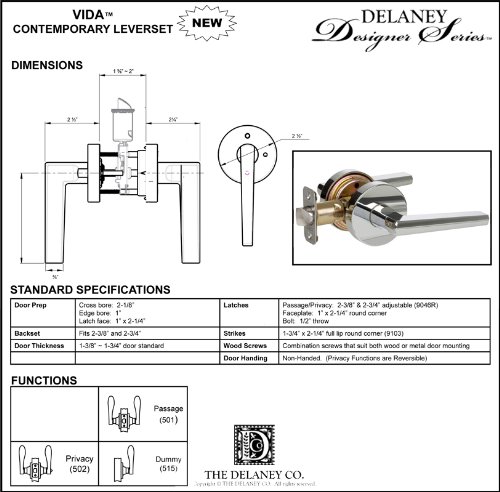 Delaney Hardware Vida Collection 351556 Dummy Door Lever Handle Lock Set - Chrome Finish for Closet, Sunroom & Interior Doors | Easy Installation & Secure Privacy for Bedrooms, Bathrooms & Storage Rooms
