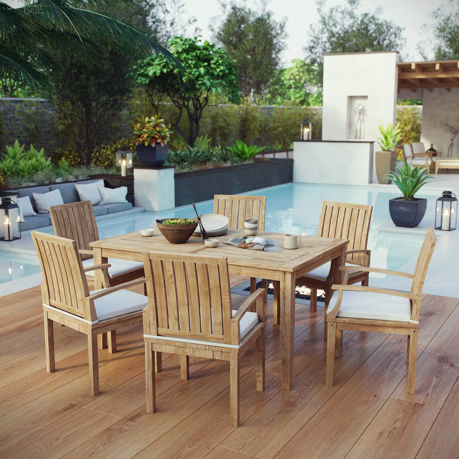 Modern Contemporary Outdoor Patio Dining Set - Wooden Side Chair & Table in White Natural Finish - Perfect for Balcony, Garden, and Backyard Relaxation
