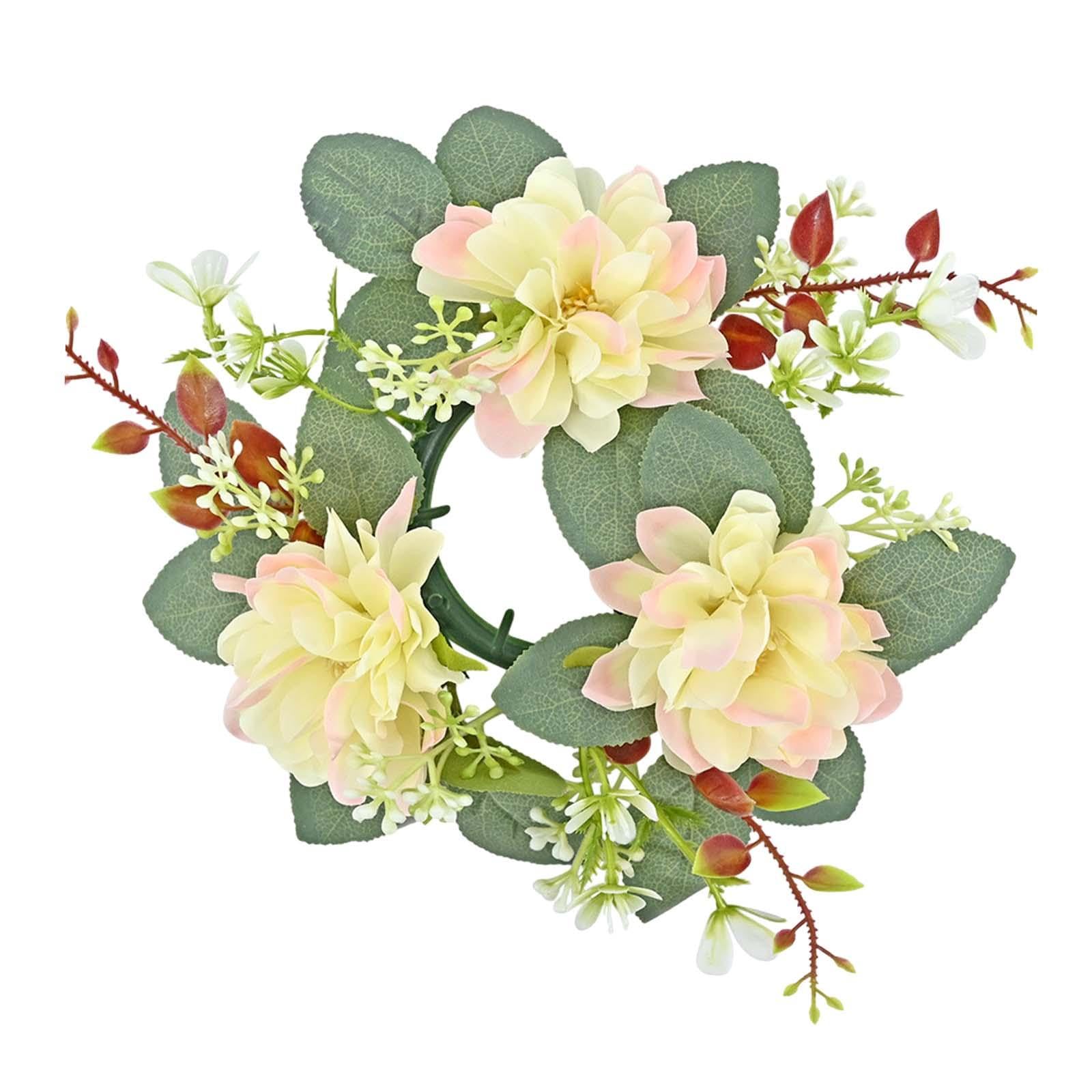 Fenteer Floral Candle Rings for Taper Candles - Farmhouse Style Artificial Flower Wreaths with Faux Leaves - Pink & Yellow Decorative Candle Garland for Dining Table, Wedding Centerpiece & Home Decor