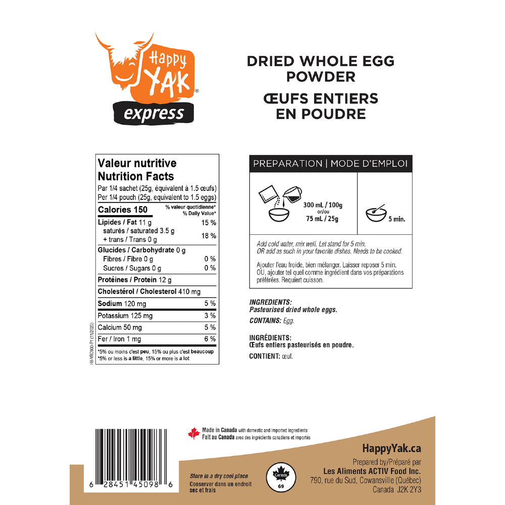 Happy Yak Whole Egg Powder - 100% Pure, Non-GMO, Gluten-Free | Perfect for Baking, Cooking & Camping | Long Shelf Life & Easy Storage