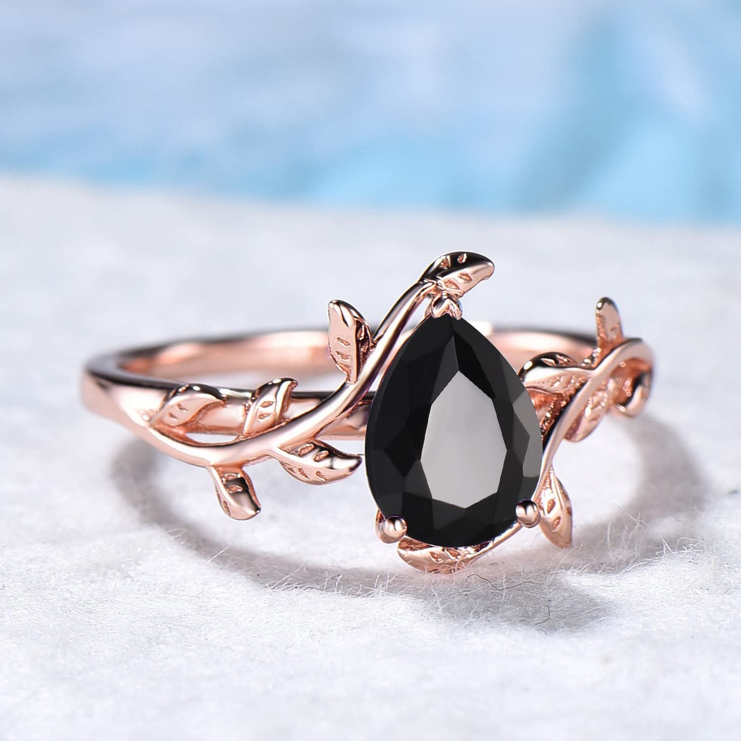 925 Sterling Silver Vintage Leaf Engagement Ring with Natural Pear Cut Black Onyx - Elegant Wedding Band, Anniversary & Birthday Gift for Her - Perfect for Proposals, Romantic Occasions & Special Celebrations