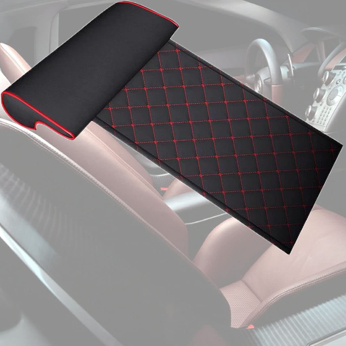 Car Seat Cushion with Comfort Leg Support Pillow - Memory Foam Car Extended Cushion for Cars, Buses, Trains & Office Chairs - Black Red Diamond Pattern (Perfect for Long Drives, Travel & Work Comfort)