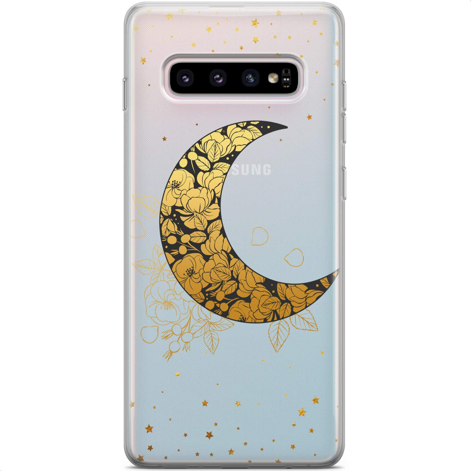 Samsung Galaxy S24 S23 Ultra S22 5G Plus S21 FE S20 S10 Phone Case - Gold Floral Celestial Design Slim Silicone TPU Protective Cover with Crescent Moon Blossom Flowers | Perfect for Everyday Use, Travel & Gift Giving