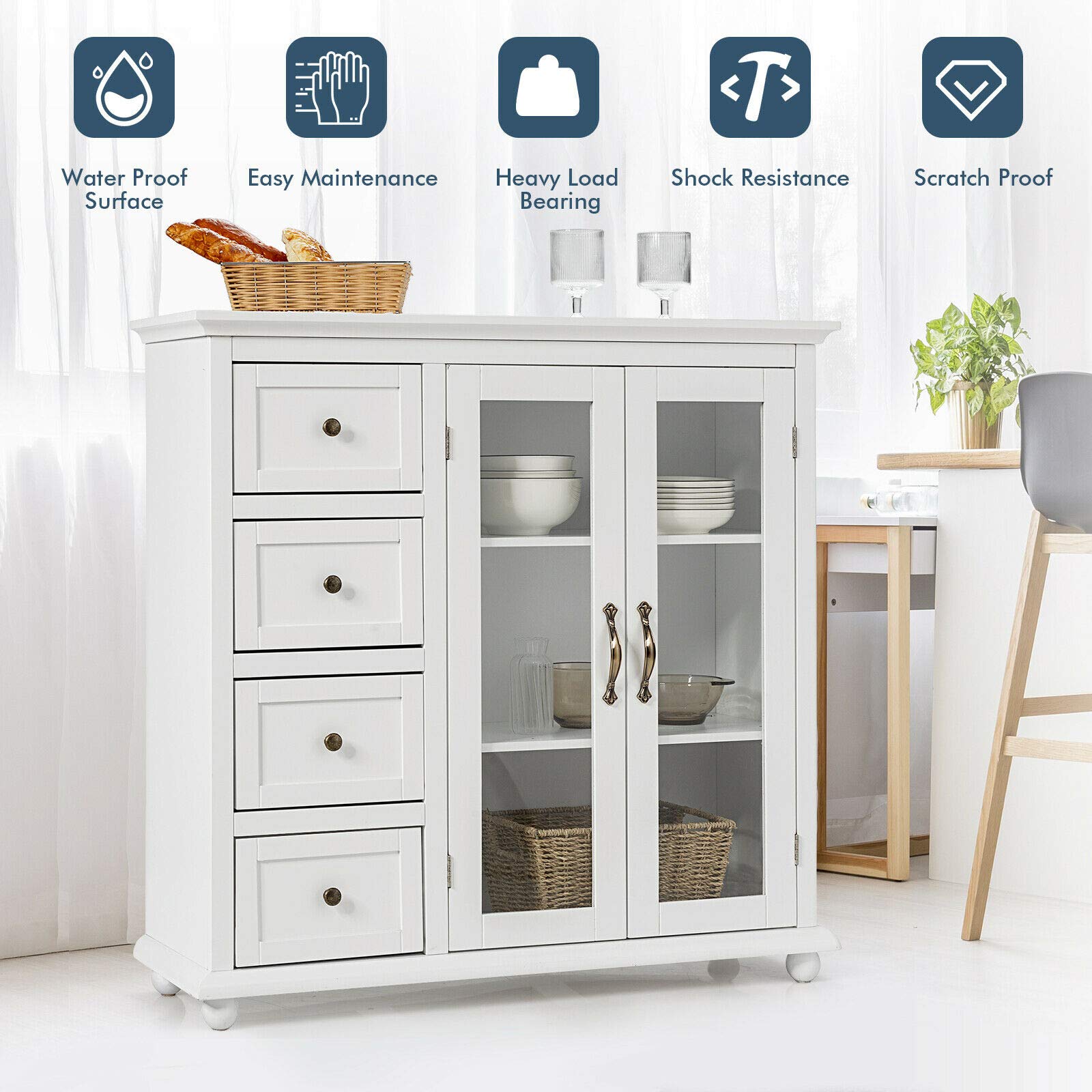 Modern Elegant Buffet Sideboard Table - White Wood Cabinet with 4 Drawers & 3-Tier Storage - Durable Sturdy Construction - Perfect for Dining Room, Living Room, or Entryway Storage Solution
