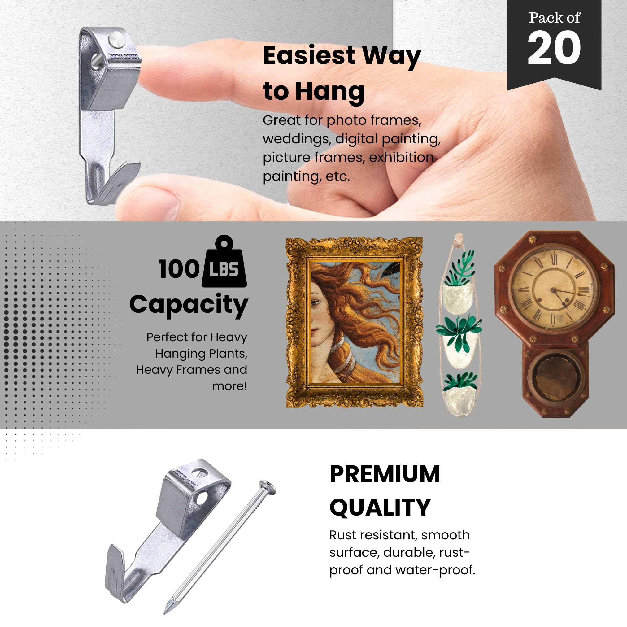 20 Pack Heavy Duty Picture Hanging Hooks with Nails - 100lbs Capacity Wall Hangers for Canvas, Frames & Mirrors - Perfect for Home, Office & Gallery Decor - Secure Hanging Solution for Plaster & Drywall