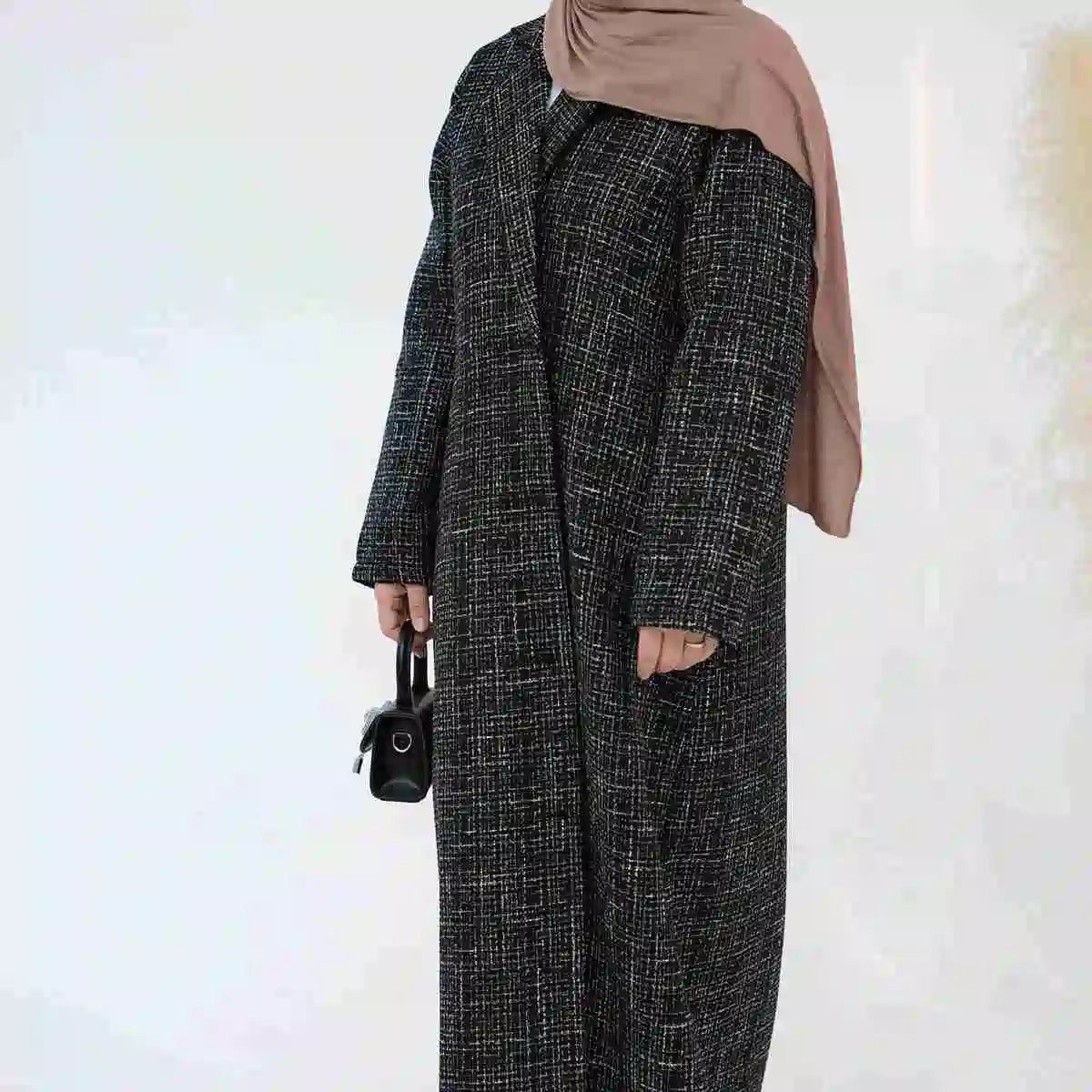 Stylish Winter Fall Tweed Thick Open Abaya Dress Coat for Women - Perfect for Modest Fashion, Cold Weather & Special Occasions