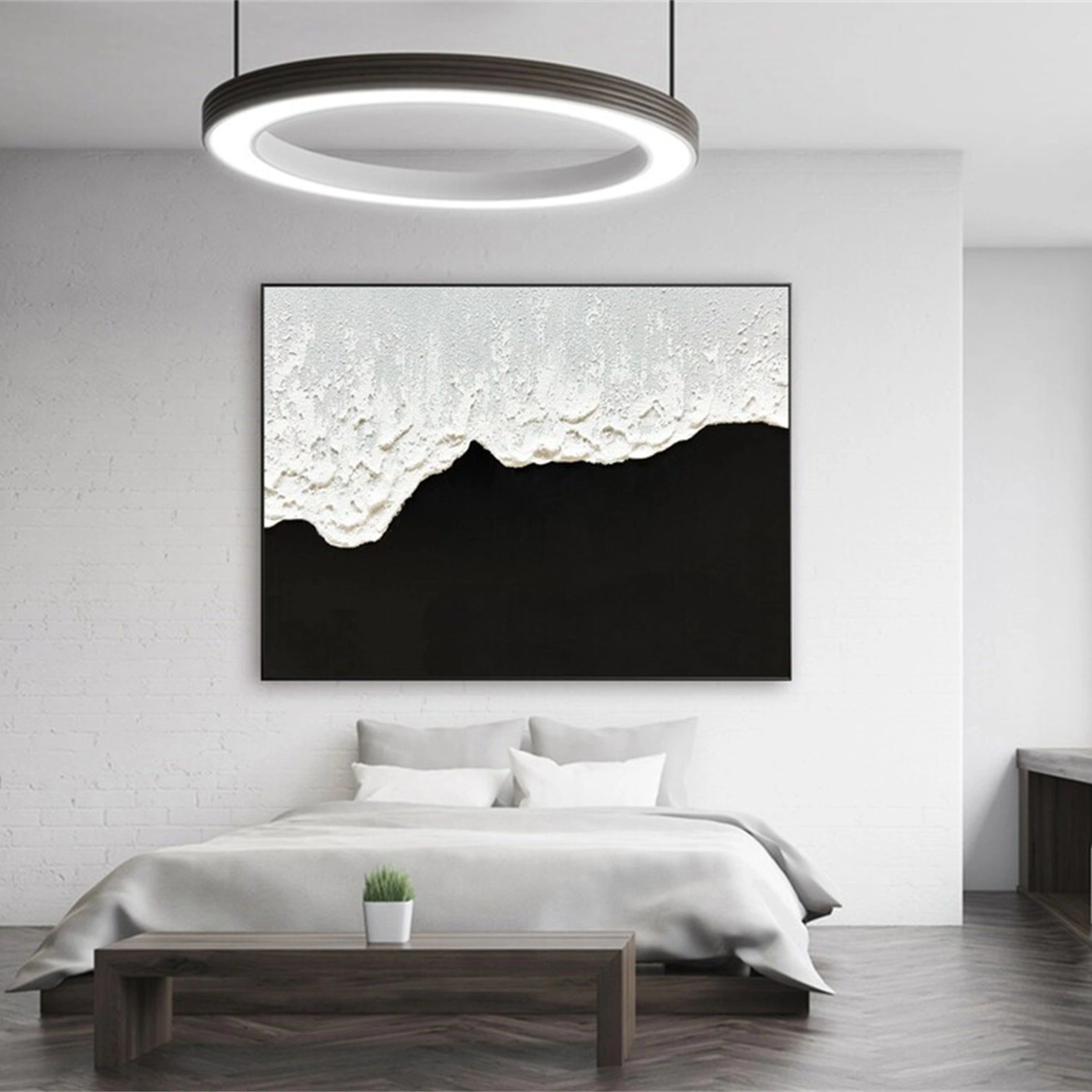 Black and White Textured Minimalist Wall Art Print - Modern Abstract Canvas Painting for Living Room, Bedroom & Office Decor | #MZ058