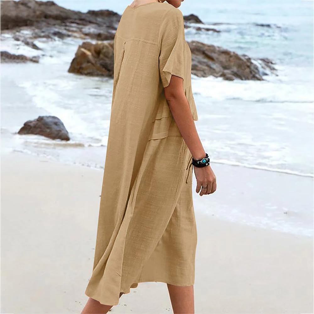 Women's Cotton Linen Midi Dress - Short Sleeve Casual Summer Dress with Pockets | Flowy Loose Fit for Beach, Vacation & Everyday Wear
