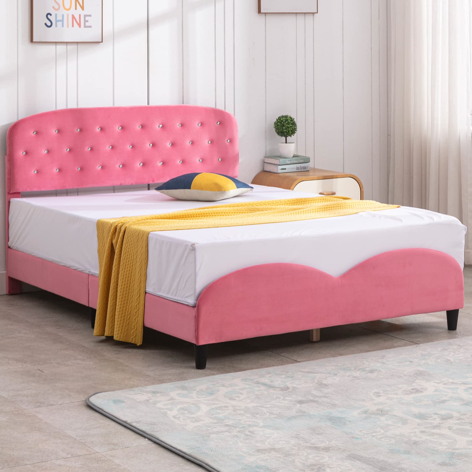 Velvet Upholstered Full Size Bed Frame with Headboard - Pink Princess Wooden Platform Bed for Girls, No Box Spring Needed with Slatted Support | Perfect for Kids' Bedrooms, Princess Themed Decor & Cozy Sleep Spaces