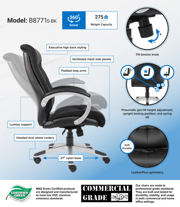 Premium Boss B8771 Double Plush High Back Executive Leather Office Chair - Ergonomic Support for Long Work Hours, Home Office & Conference Room Use