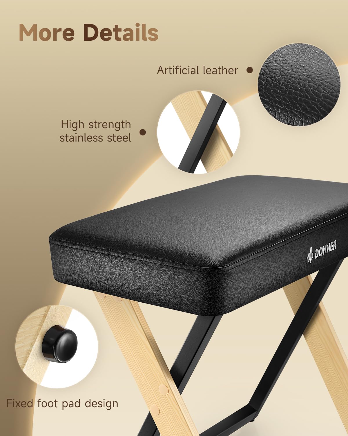 Donner DKB-300 Adjustable Piano Bench with Thick Padding - Light Wood Keyboard Stool for Home, Studio & Church - Comfortable Metal Frame Piano Seat with Cushion for Digital Piano, Keyboard & Organ Players