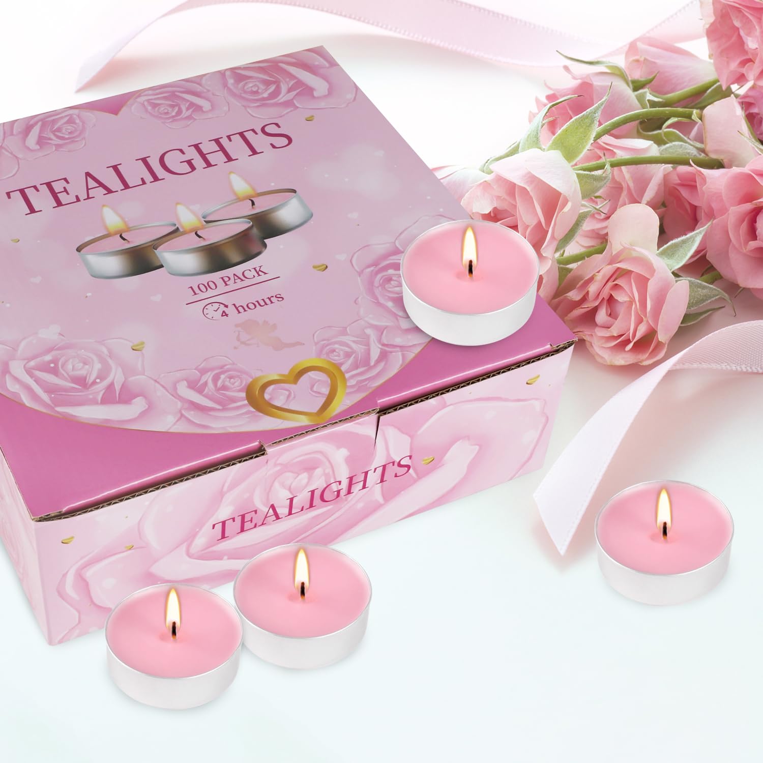 Pink Unscented Tealight Candles 100 Pack - 4-Hour Burn for Weddings, Valentine's Day & Parties