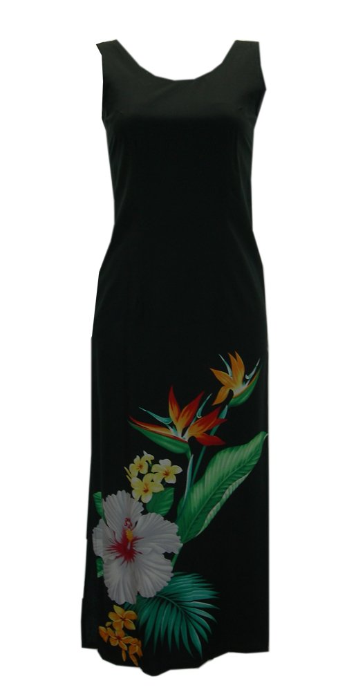 Women's Hawaiian Tropical Long Tank Dress - Black - Summer Beach Vacation, Pool Party, Casual Outfit