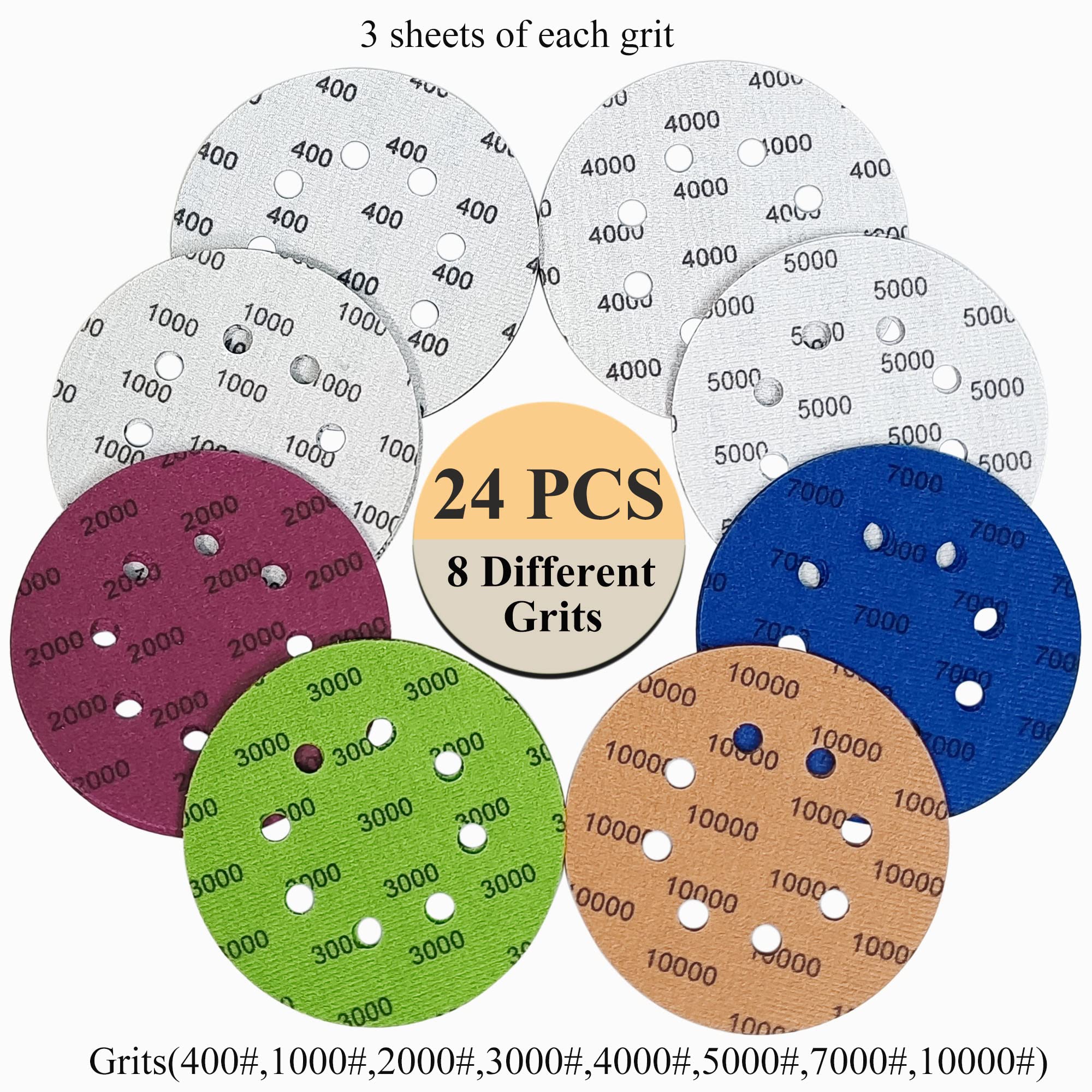 24 PCS 5 Inch 8 Hole Sanding Discs 400-10000 Grit Assortment for Random Orbital Sander - 400/1000/2000/3000/4000/5000/7000/10000 Grit Sandpaper Pads - Perfect for Woodworking, Auto Body Repair & Metal Polishing