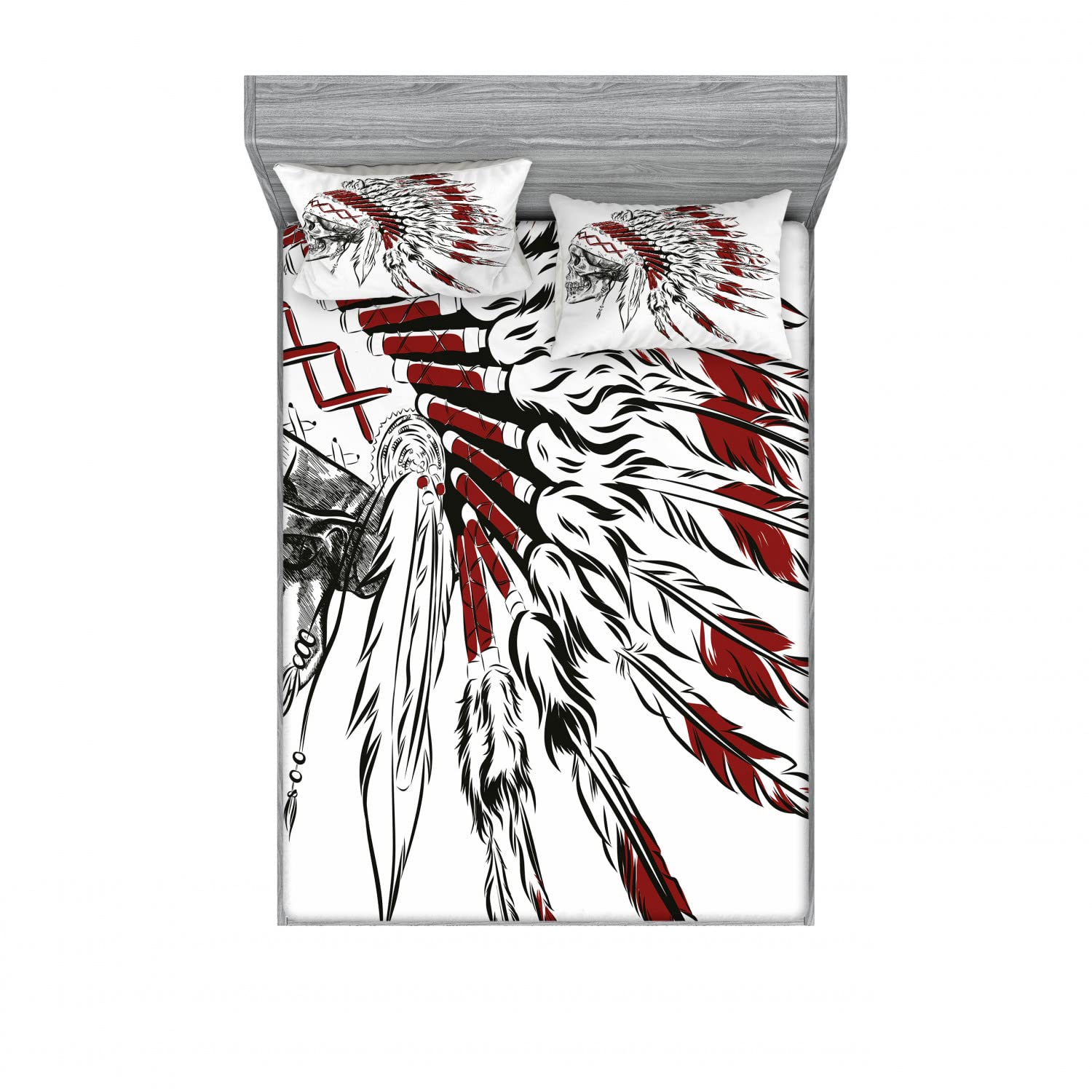 Ambesonne Tribal 2-Piece Queen Size Fitted Sheet Set with 4 Pillow Shams - Feather Headdress Pattern in Burgundy Black White - Soft Bedding Decor for Master Bedroom, Guest Room & Dorm