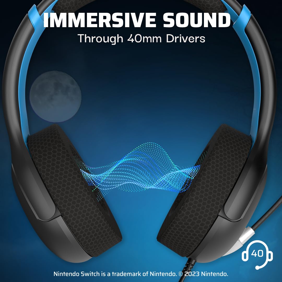 PDP Gaming AIRLITE Stereo Gaming Headset with Noise Cancelling Mic for Nintendo Switch/Lite/OLED - Lightweight Wired Headphones with Soft Ear Cushions (Moonlight Black/Blue) - Perfect for Gaming, Streaming & Online Classes