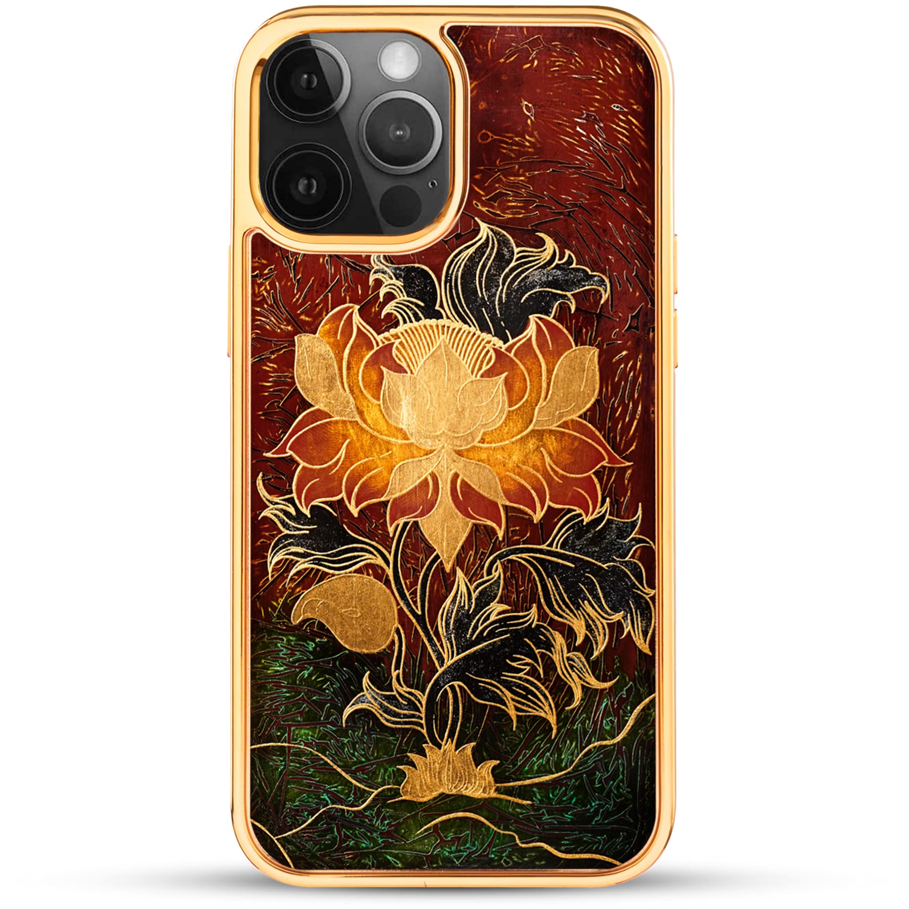 Handmade Lacquer Art Padma Flower iPhone 12 Pro Max Case with 24K Gold Details - Premium Luxury Protective Cover for Women, Perfect Gift for Birthday & Anniversary - Classic Black Design
