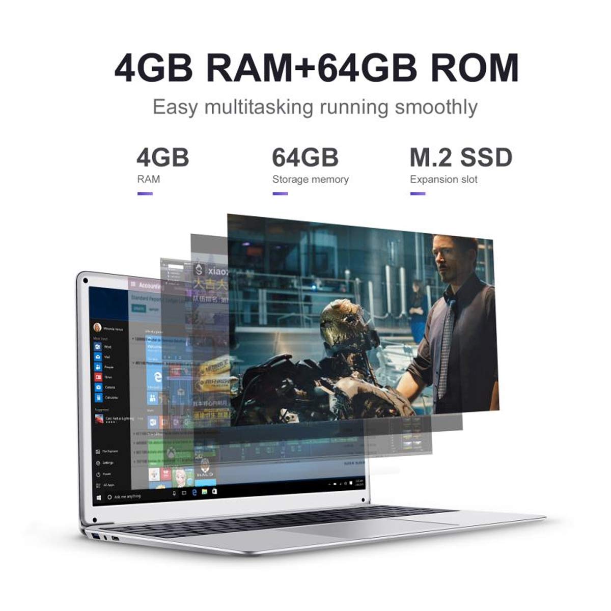 BlueBose HD 15.6 Inch Laptop - Windows 10 Home, Intel Quad Core Atom Processor, 64GB eMMC Storage, 4GB RAM, USB 3.0 & HDMI Ports, Ultra Thin & Light Notebook Computer (Silver) - Perfect for Work, Study & Entertainment On The Go