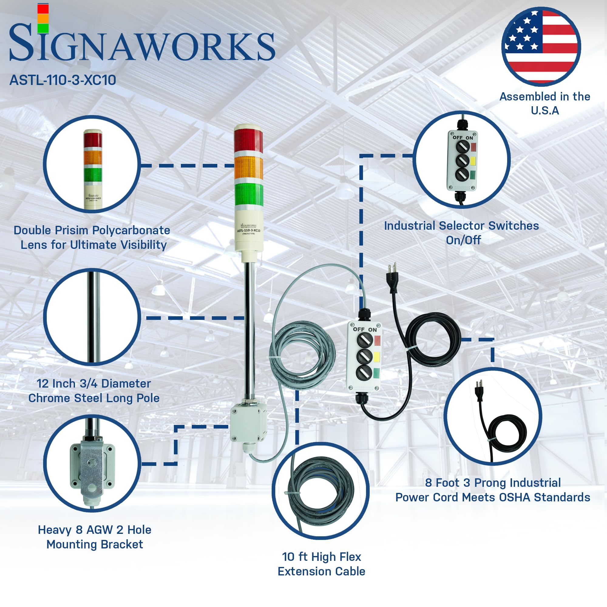 Signaworks 3 Stack Super Bright LED Andon Tower Light - Red/Amber/Green with 10' Extended Cable & 3 Switch Box, Plug & Play Ready for Industrial Use - Perfect for Factory Assembly Lines, Warehouse Operations, and Manufacturing Equipment Monitoring (Assembled in USA)