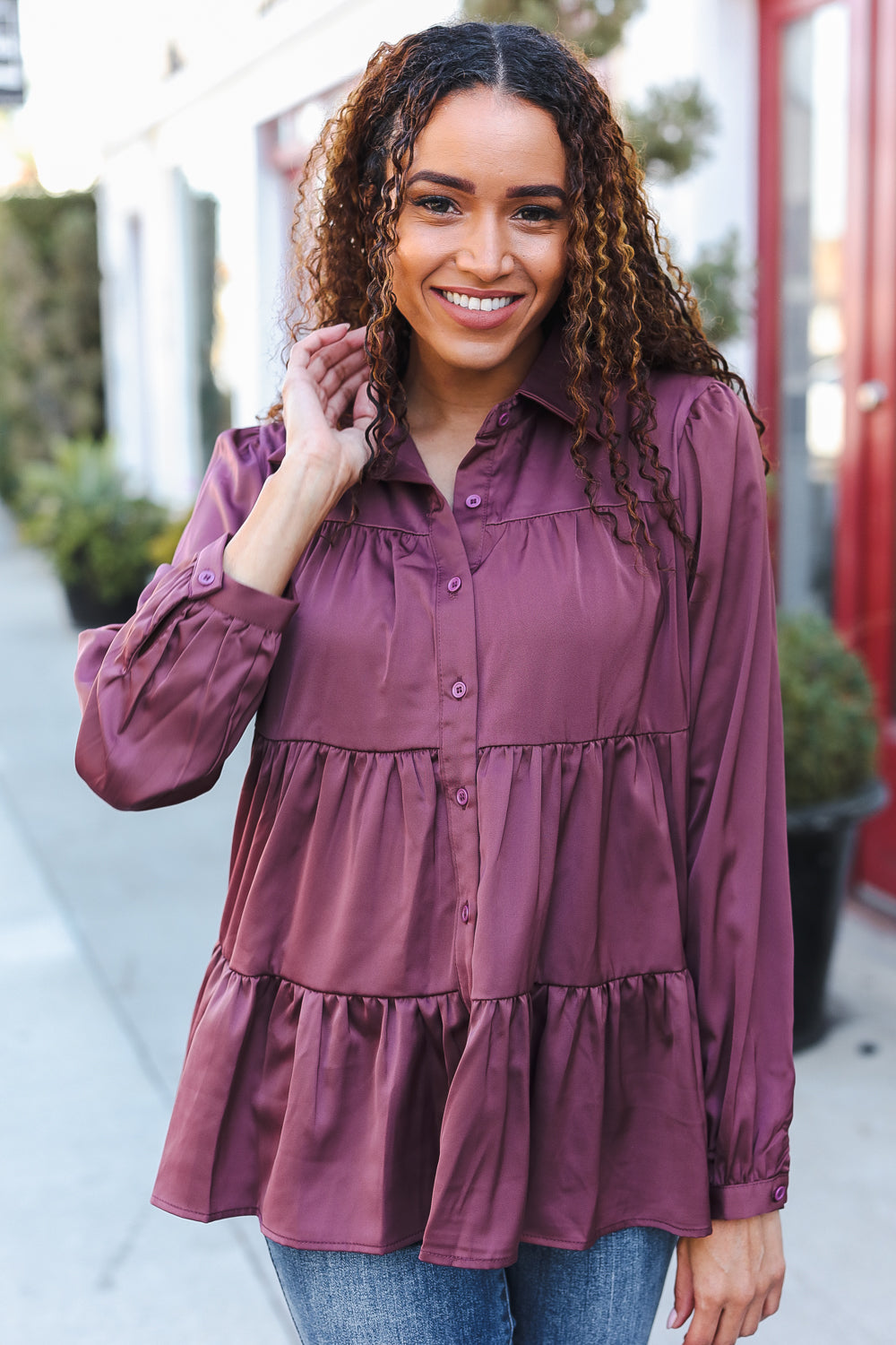Burgundy Satin Babydoll Top with Button Down & Tiered Design - Perfect for Date Nights, Parties & Casual Outfits